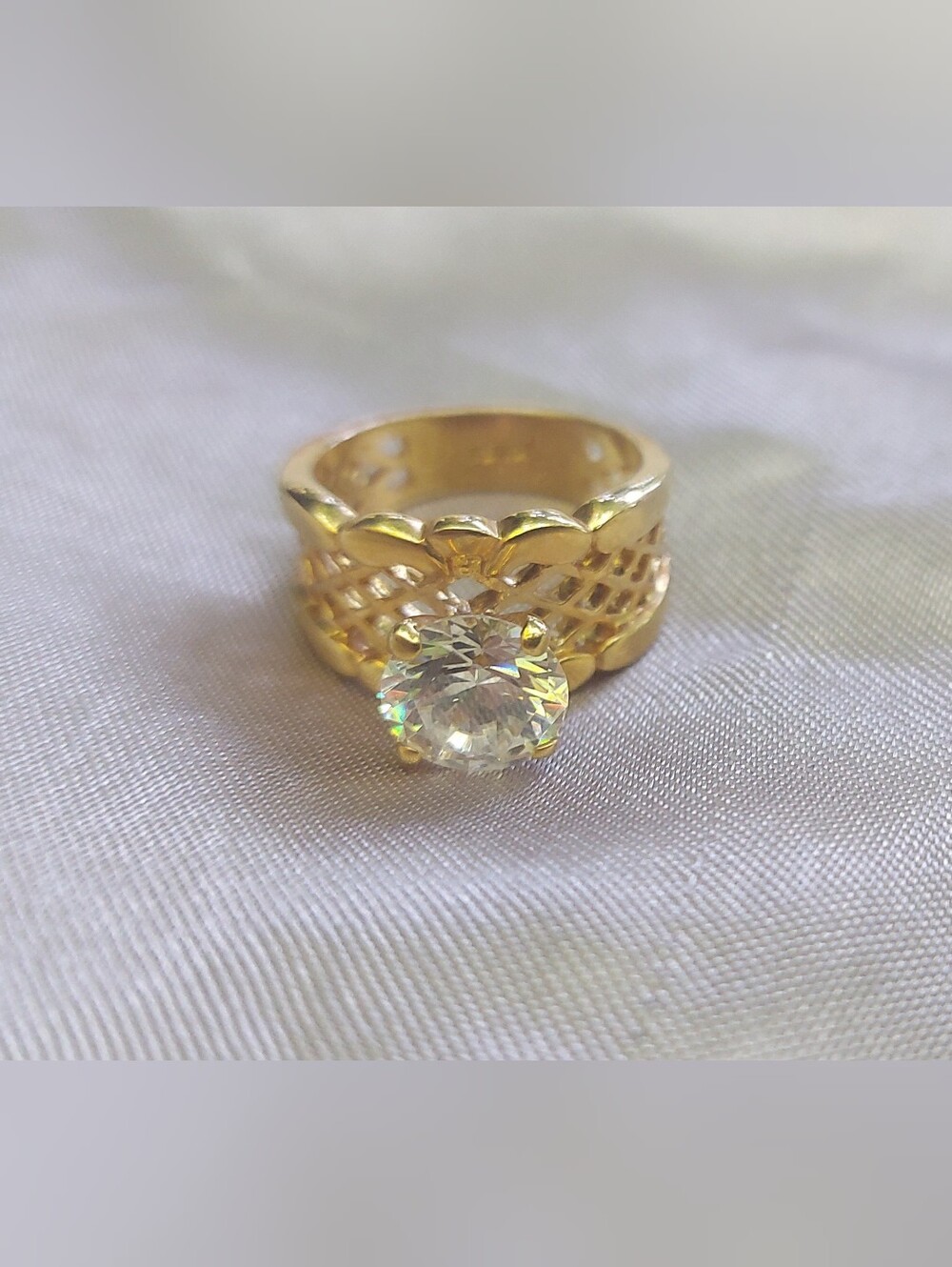 Vintage 24k Plated Basket Weave Solitaire CZ Statement Ring Sz 7 Seta